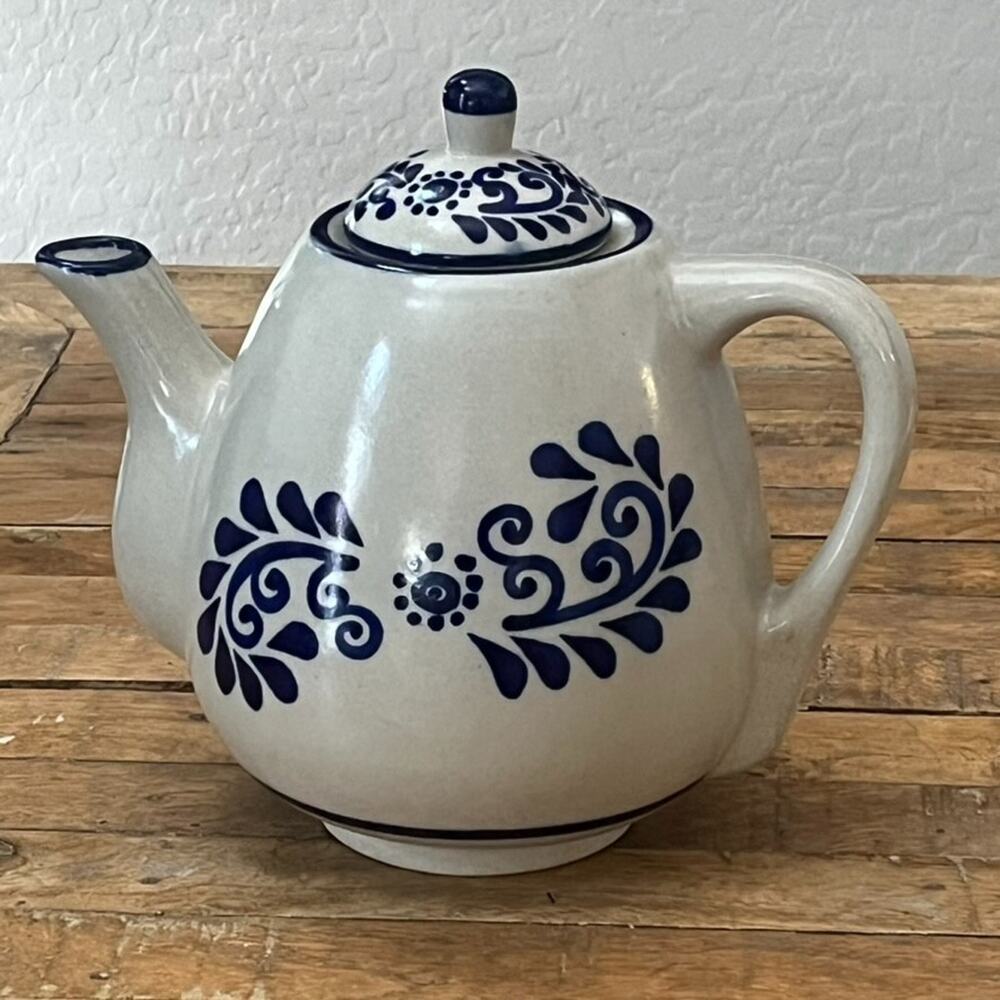 Casart Blue Fern Ceramic Pottery Teapot 9.5 in Blue Floral Design